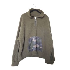 Aerie Offline 1/4 Zip Teddy Sherpa Fleece Olive Camo XXL NWOT